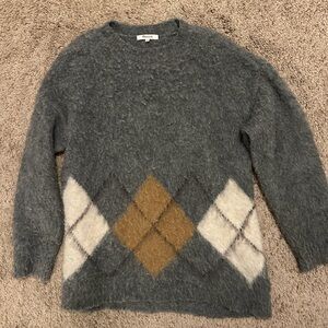 Madewell Fuzzy Argyle Sweater Gray Tan Cream | Alpaca and Wool Blend | Size S